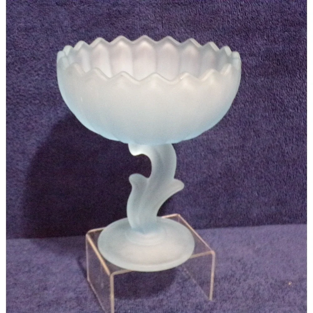 Vintage Indiana Glass Frosted Pale Blue Satin Candy Compote Dish on‎ Pedestal